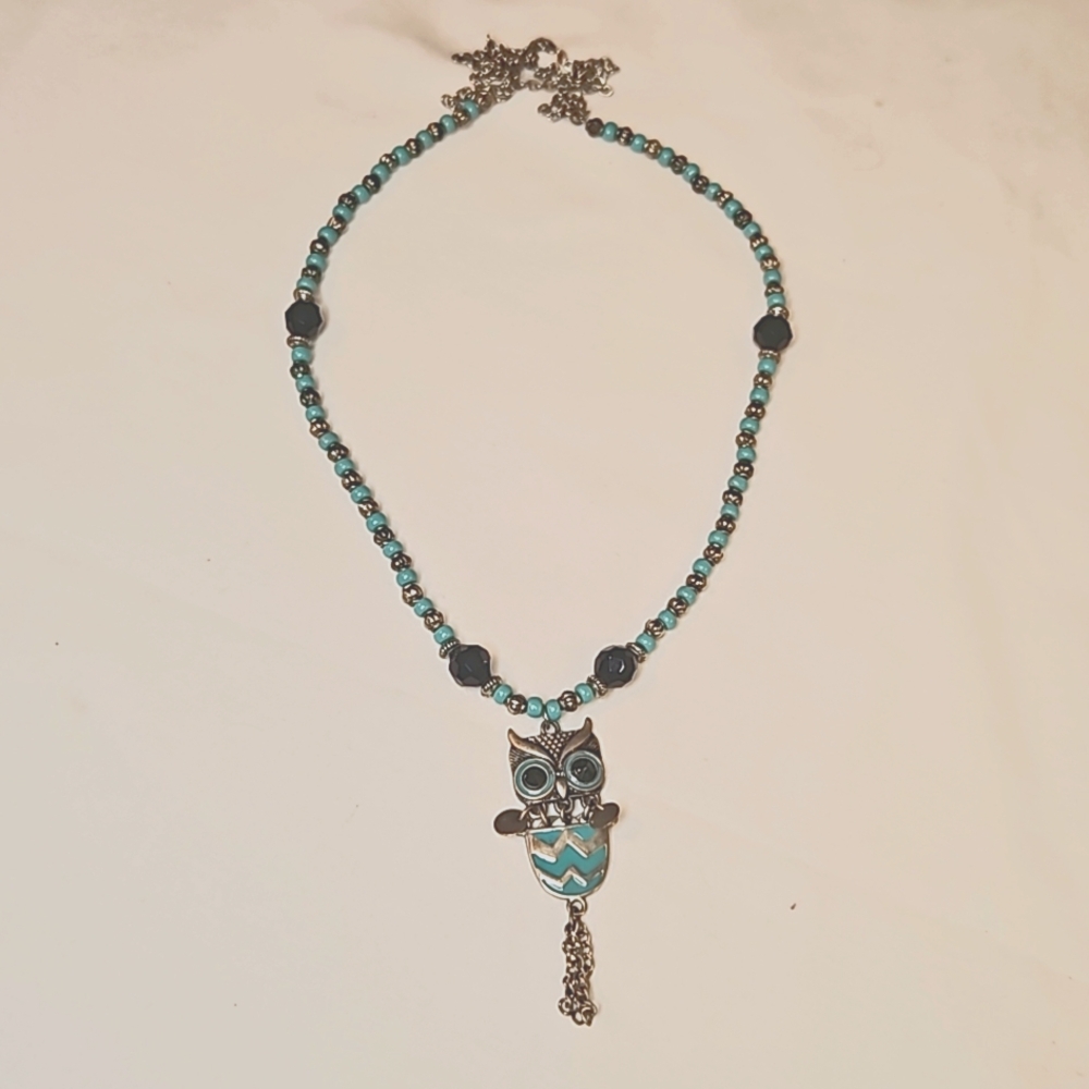 🦉 Owl necklace, silver, turquoise, black, 12.5in chain